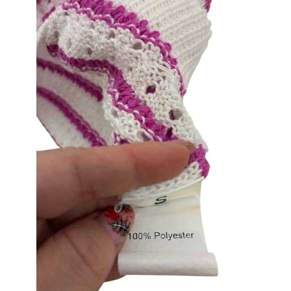 Women's Cute Summer Crochet Striped Crewneck flounce Ruffles Cap Sleeve tops S - Picture 7 of 8